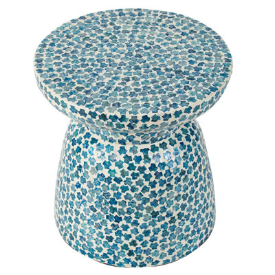 D15x16" Capiz Garden Stool Small Side Tabel, Blue Accent Round End Table