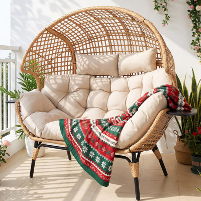 Double Egg Chair Indoor Outdoor Stationary Oversized Thicken Padded Cushions,2 Person Egg Loveseat Chair With Cup Holder,Grid