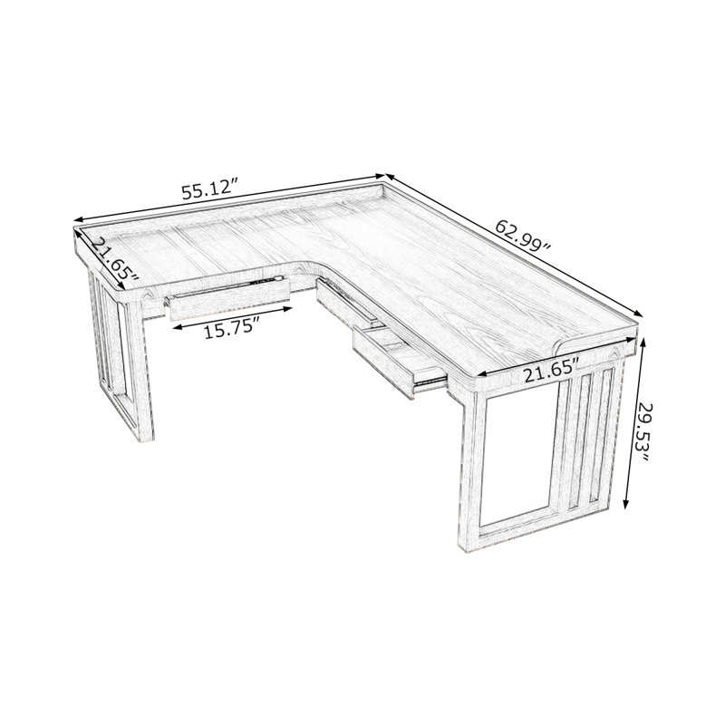 Bureau en bois massif brun en forme de L avec 3 tiroirs, H 29,53 po x l 62,99 po x P 55,12 po, Orienté à gauche (vu de face)