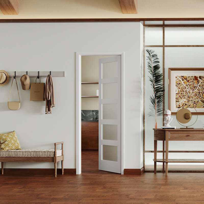Porte intérieure standard à une porte et cinq panneaux en verre givré, sans quincaillerie, 24 po x 80 po