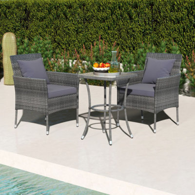 Ebern Designs 3 Pcs Patio Furniture Set With Cushioned Patio Chairs & Tempered Glass Coffee Table Grey