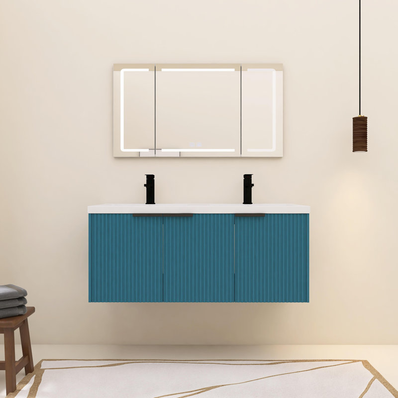 Meuble-lavabo mural 48 po avec lavabo double en résine et 3 portes à fermeture en douceur, Bleu lac