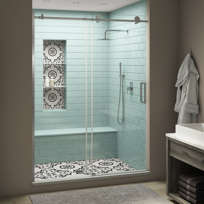 Coraline XL 56" W x 80" H Single Sliding Frameless Shower Door, Right Opening, Chrome