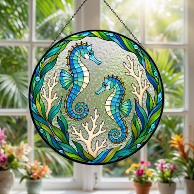 Art mural bleu et bleu sarcelle en verre coloré avec toile corail