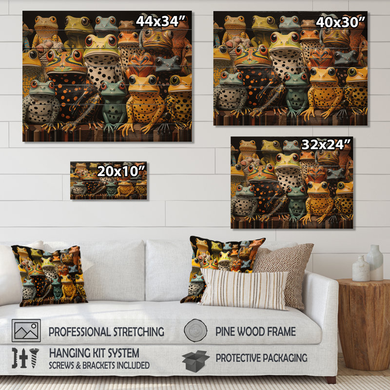 Multicolor Pop Art Frogs I - Frogs & Toads Wood Wall Art On Natural Pine Wood, 10" H x 20" W