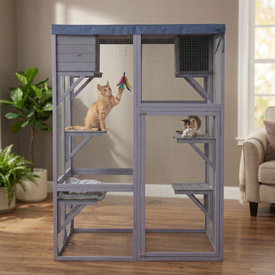 Enceinte d'extérieur multifonctionnelle en bois pour chat, 4 plateformes et 2 maisons pour faire la sieste, 2 serrures robustes, coin arrondi, conception étagée, fil galvanisé