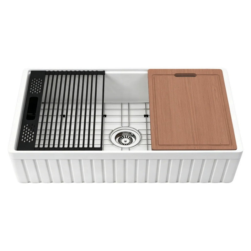 Évier de cuisine de ferme en argile réfractaire 33 po x l 20 po à tablier frontal réversible à tablier simple avec planche à découper, blanc