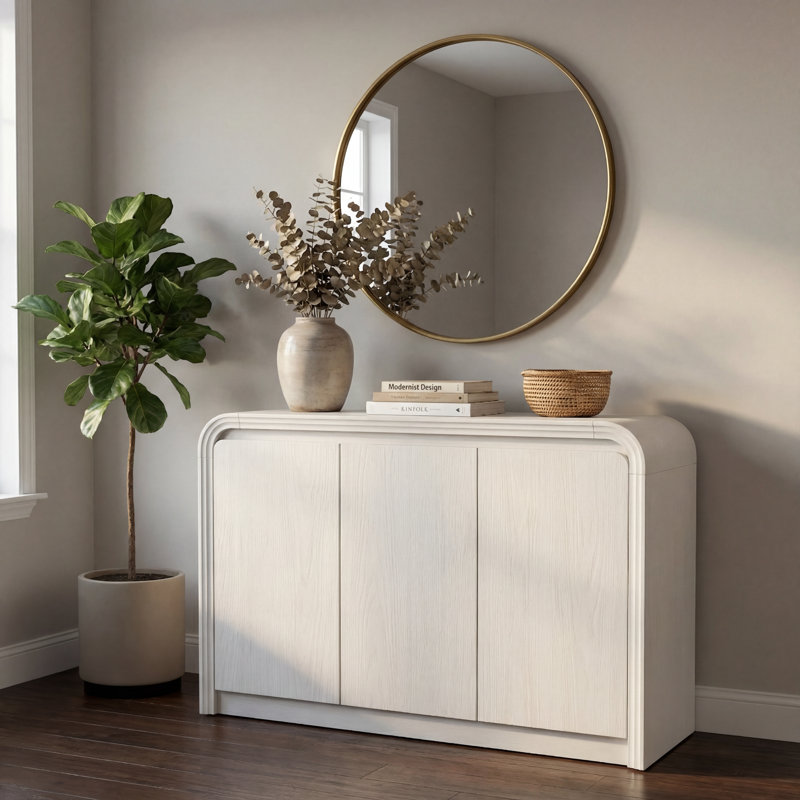 Curved Edge 47.24" Width MDF 3-Door Buffet Storage Cabinet, White