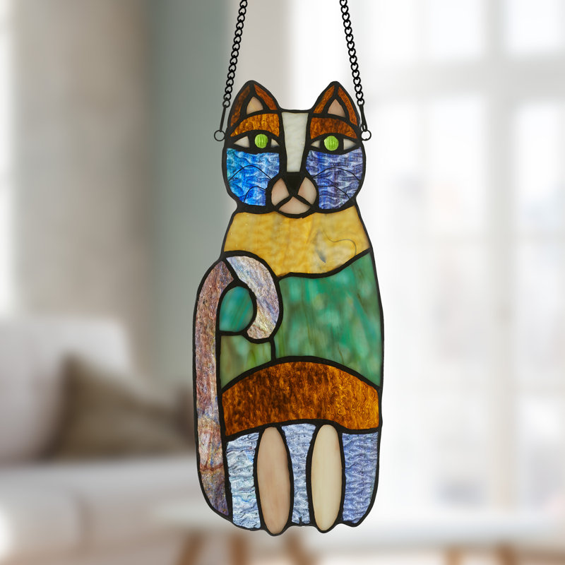 13"H Crazy Cat-Stained Glass Window Panel