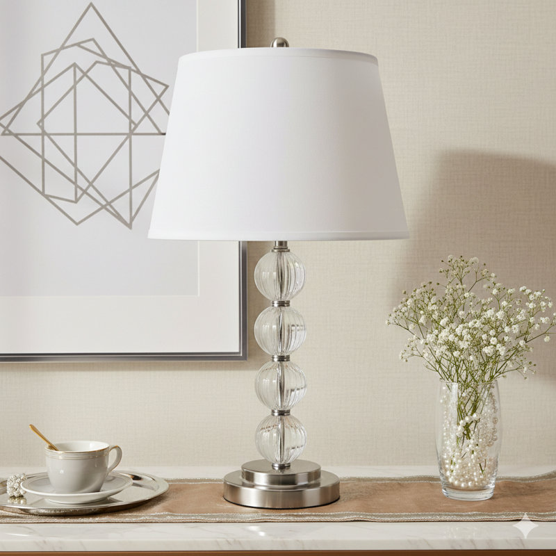 28.5-Inch Tall Metal Table Lamp With A Satin Nickel Finish, Incorporating A Spherical Design Element And A Linen Shade