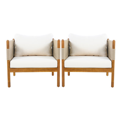 Set of 2 Outdoor Acacia Wood Club Chairs with Diamond Rope Weave and Beige Cushions