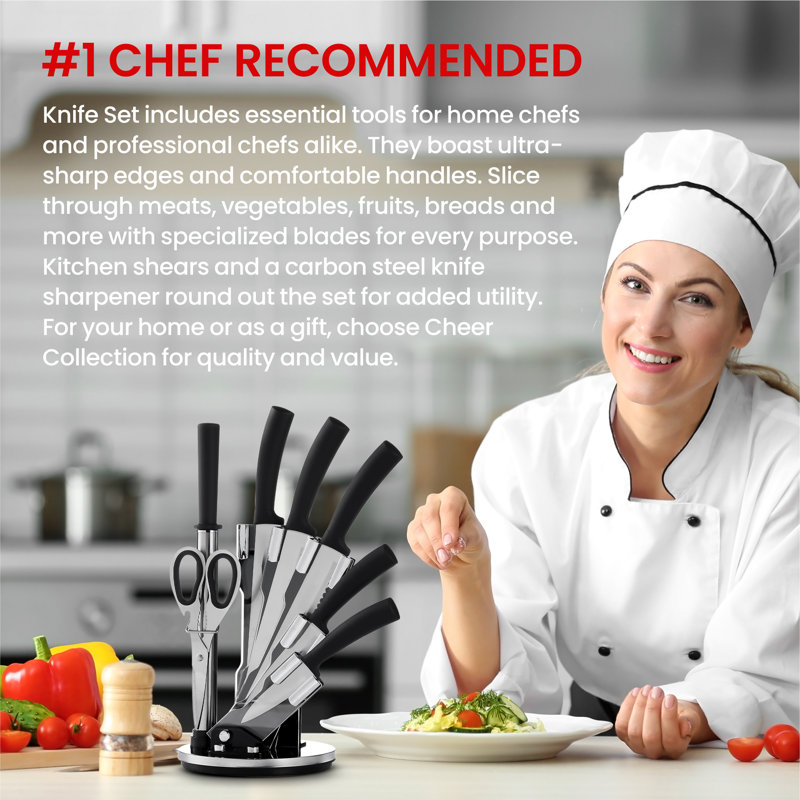 Cheer Collection 8 Piece Stainless Steel Kitchen Knife Set with Swivel Stand