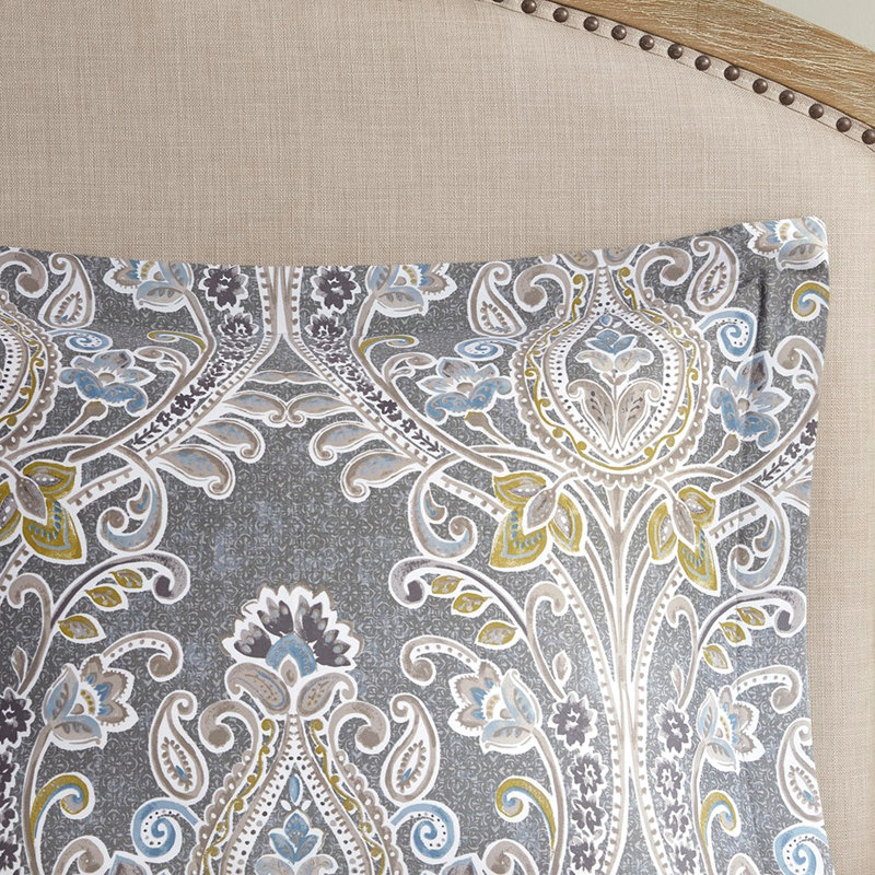 Housse de couette 5 pièces en coton gris / double / grand avec coussin décoratif bleu 5 pièces