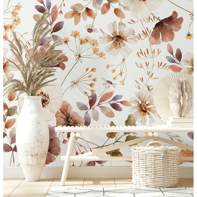 Papier peint aquarelle fleurs sauvages d'automne sur fond blanc, L 75 po x l 112 po