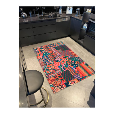 Modern Red Themed Animal Patterned Decorative Washable Rug