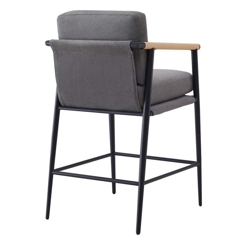 Gray Upholstered Counter Stools with Metal Frame and Wooden Armrests, Set of 2