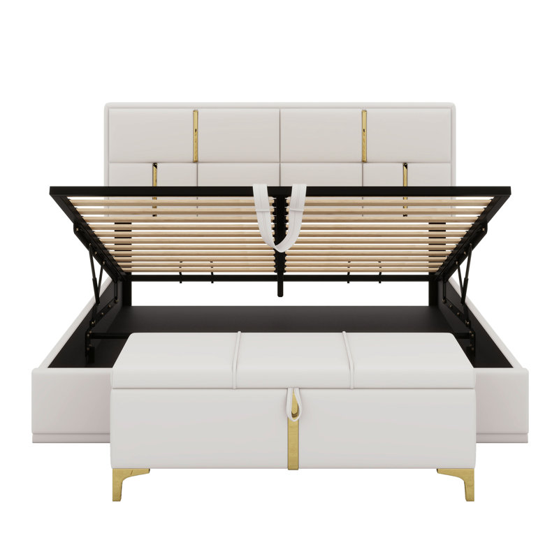 Lit plateforme tapissier avec système de rangement hydraulique, repose-pieds avec pieds en métal, Beige