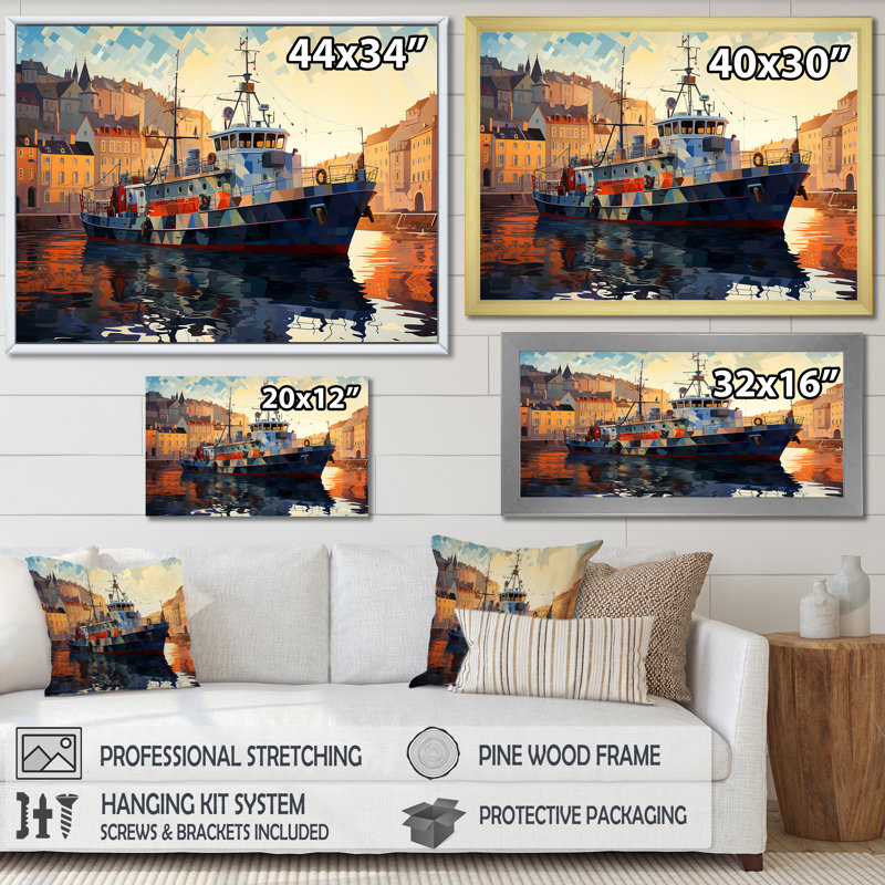 Bateau de pêche cubiste au port - Bateau côtier, art mural, Cadre flottant blanc, H 24 po x l 32 po x P 1 po