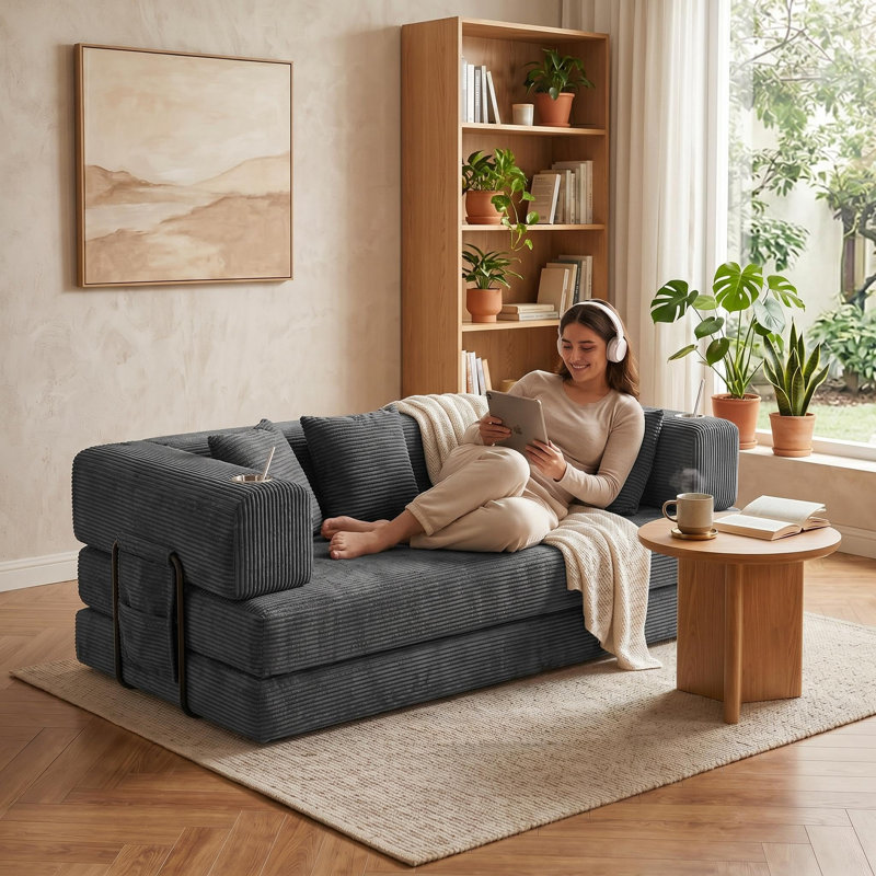 Canapé-lit convertible de 200 cm avec 4 coussins, canapé modulable à assise profonde pour salon ou appartement, gris foncé