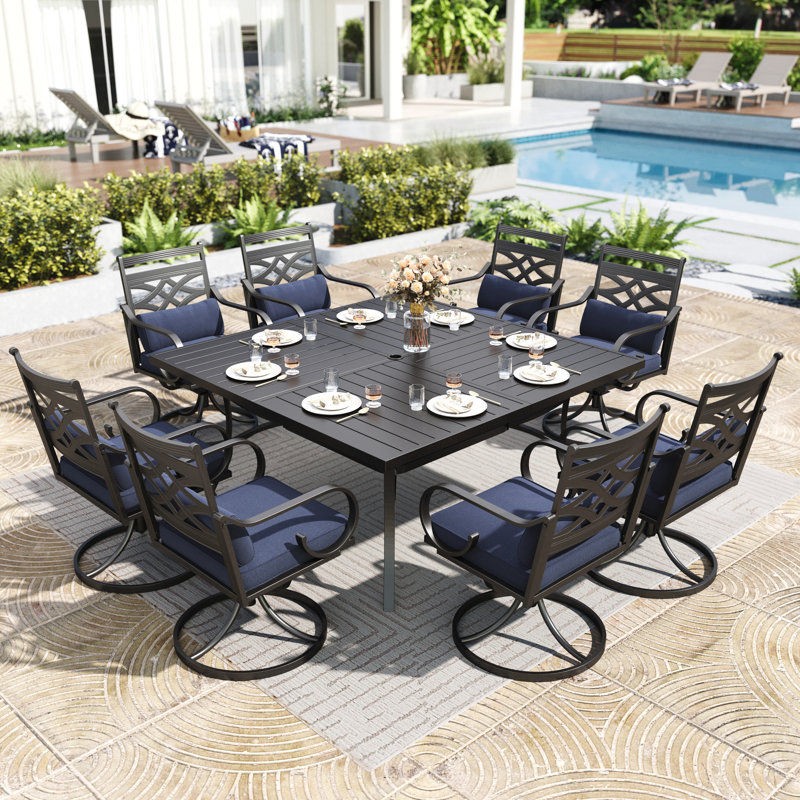 8 - Person Outdoor Dining Set With Swivel Chairs, Seat Cushions & Lumbar Support Pillows, Blue