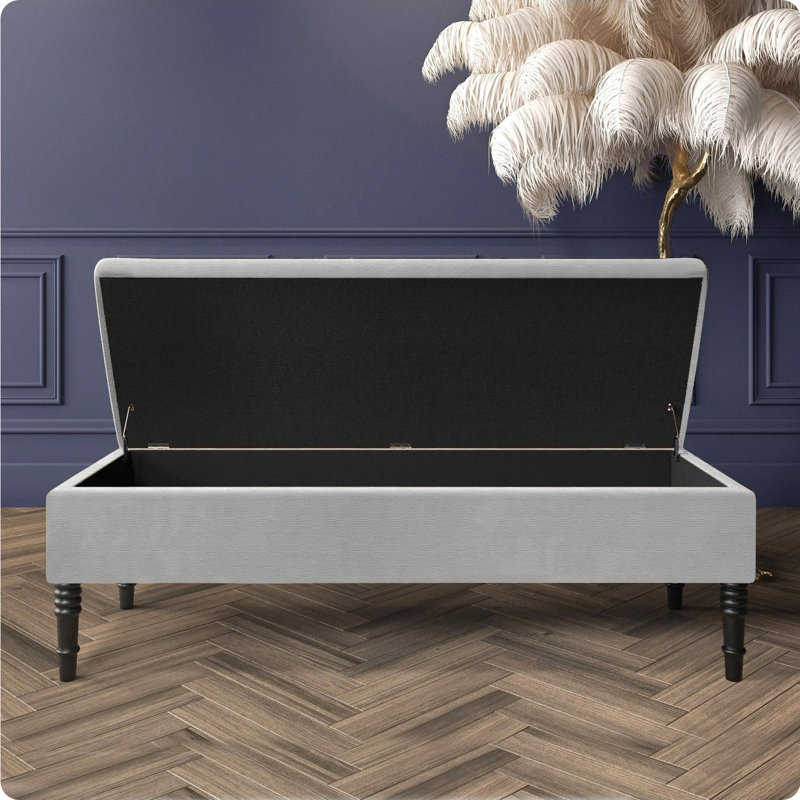 Safar Plain Ottoman Storage Bench – Upholstered Naples Shoe Bench with Black Turned Wooden Legs, Silver