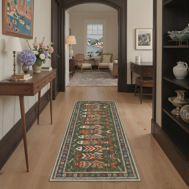 Arnella Fish Washable Green Runner with Non-Slip Backing, Runner 2'6" x 8'