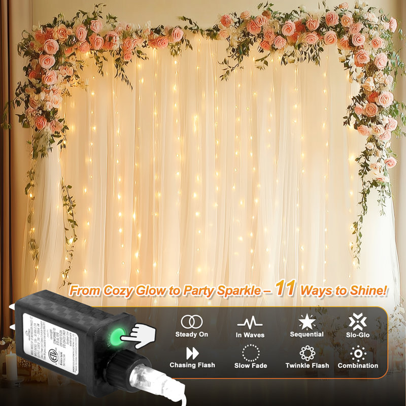 Warm White+ RGB Multi-Color Curtain String Lights with Remote Control, 600 LED, 20ft x 10ft