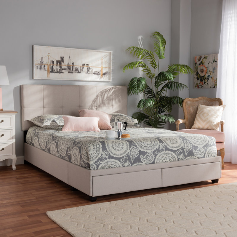 Lit plateforme tapissier avec rangement Hesiod, Beige, Grand