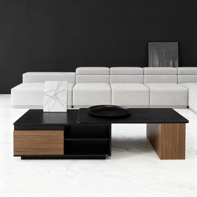 Table basse moderne noire et brune avec compartiments de rangement