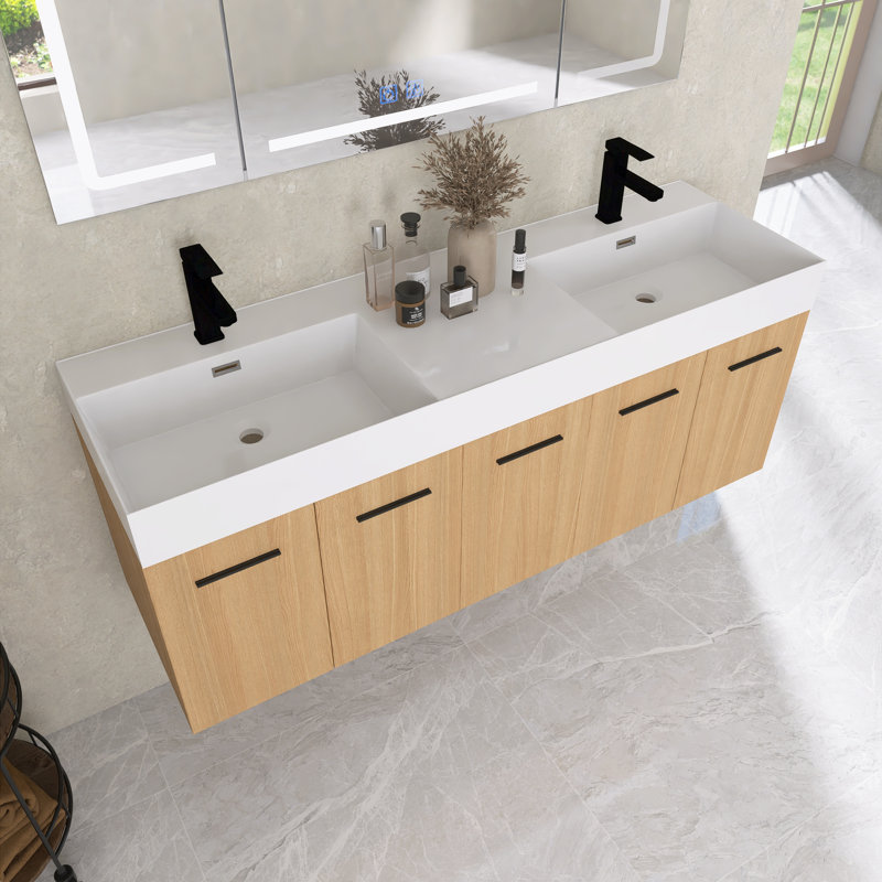 Ensemble de meuble-lavabo mural 60 po avec double lavabo en résine, portes à fermeture douce, chêne clair
