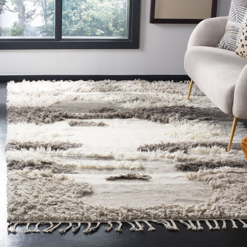 Tapis abstrait en laine / coton noué à la main Bakerhill ivoire / gris, Rectangle 4 pi x 6 pi