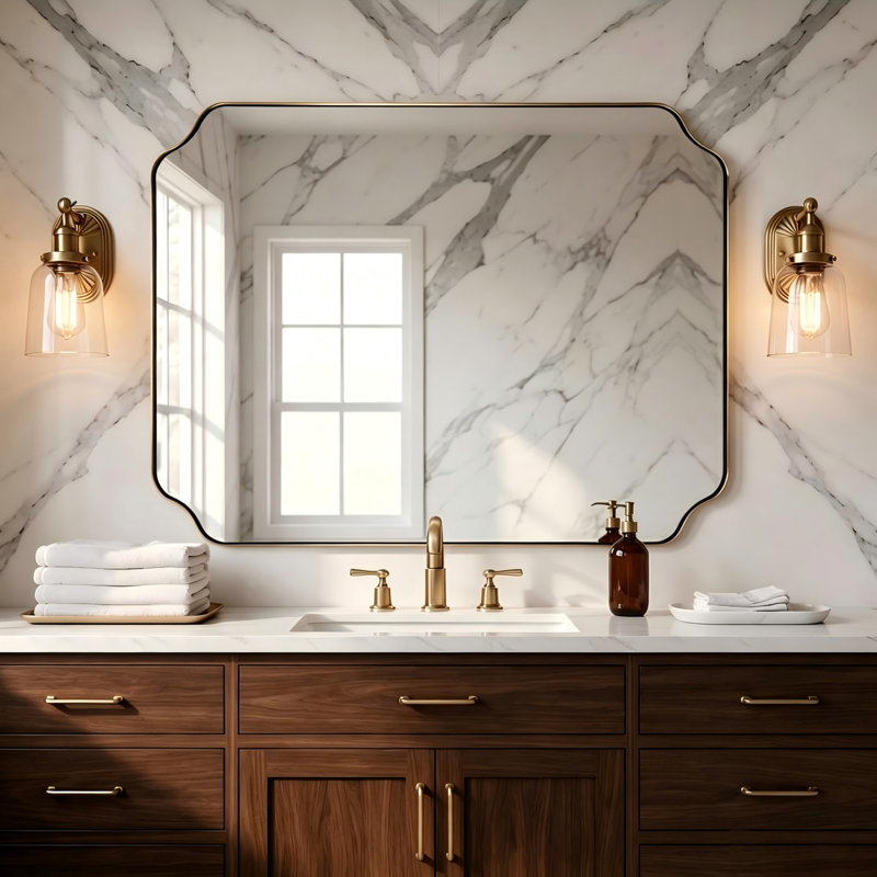 Rectangular Bathroom Vanity Mirror with Scalloped Corners – Stainless Steel Frame, Brushed Gold, 40" x 30"