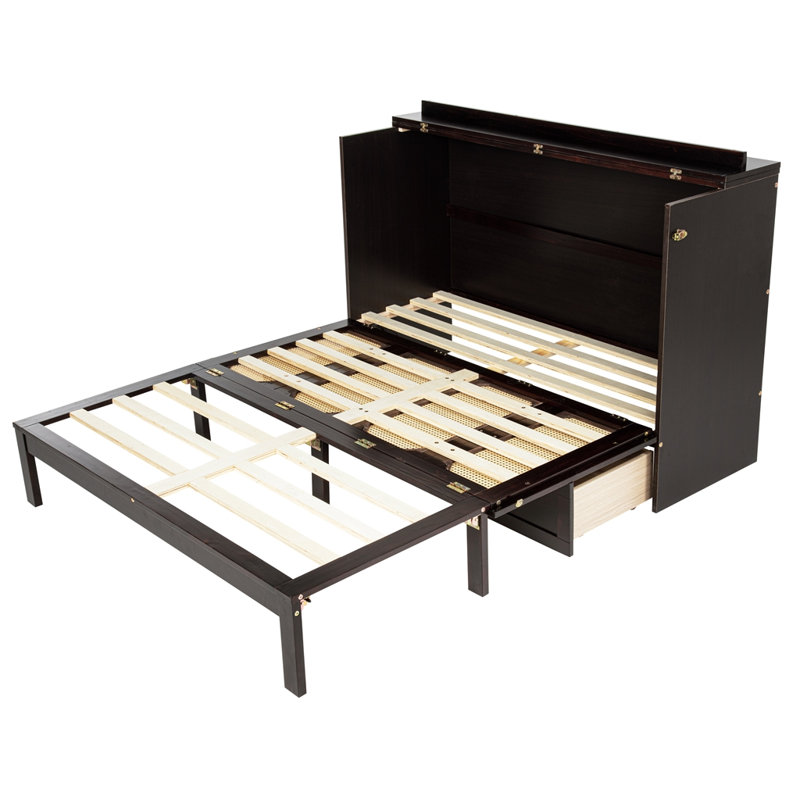 Grand lit escamotable, armoire-lit en bois de pin avec centrale électrique et panneau de décoration en rotin, Espresso