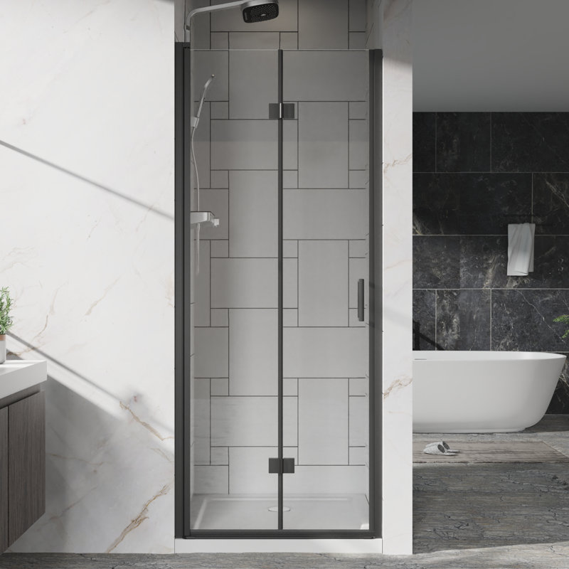 32" - 33.2" Adjustable Width Pivot Glass Shower Door, 6Mm Tempered Clear Glass, Black Finish, Reversible Installation, 180 Internally/Externally Pivot, Bi Folding Hinges, Water Leakage Prevention