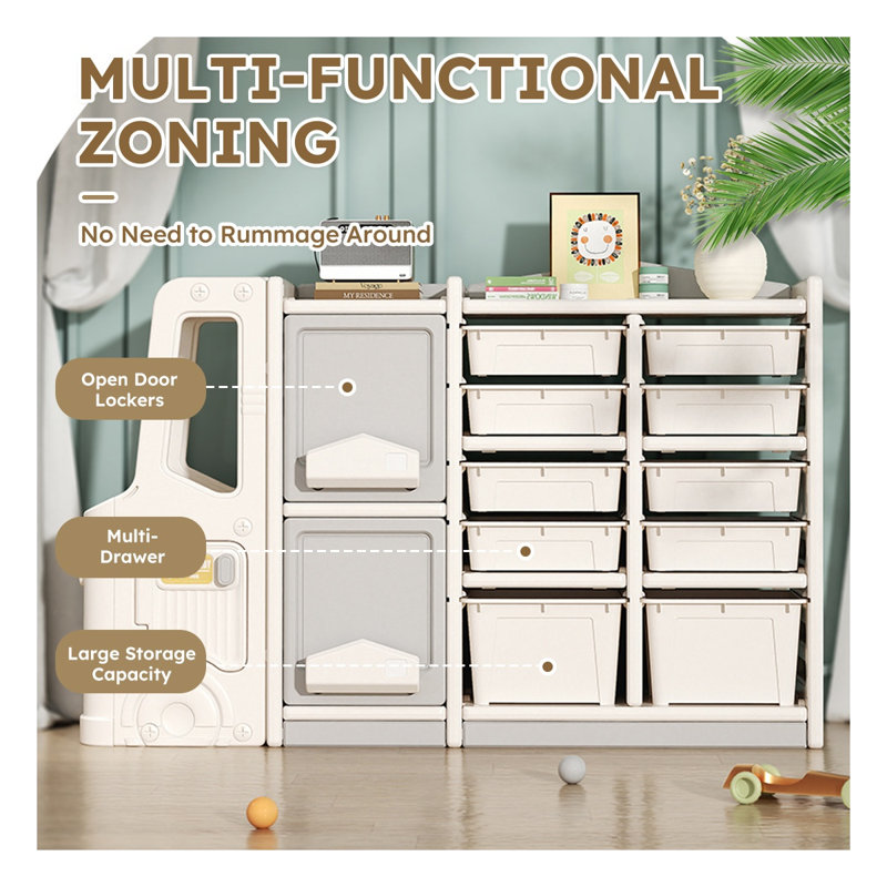 Organisateur de rangement pour jouets Creative en forme de camion avec plusieurs tiroirs et portes d'armoire - Mobilier de salle de jeu en PEHD durable