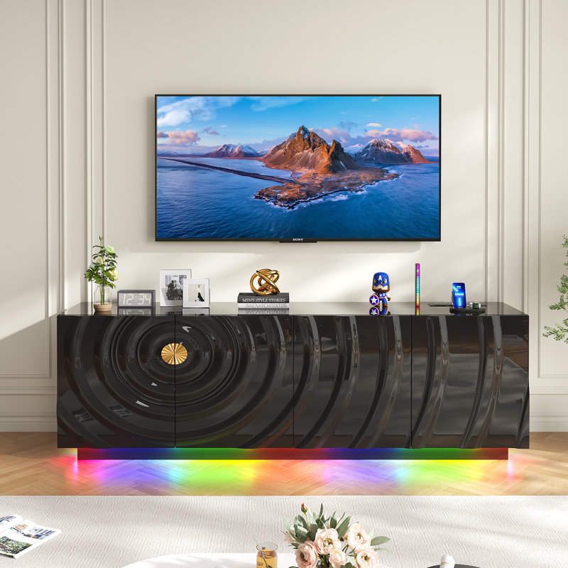 63" W Tv Stand With Motion-Activated Light And Built-In Charging Station, Black