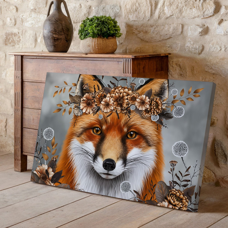 Toile, un renard majestueux avec un manteau orange vif orné d'art mural Une couronne de fleurs complexes et de feuillage posée sur un art mural