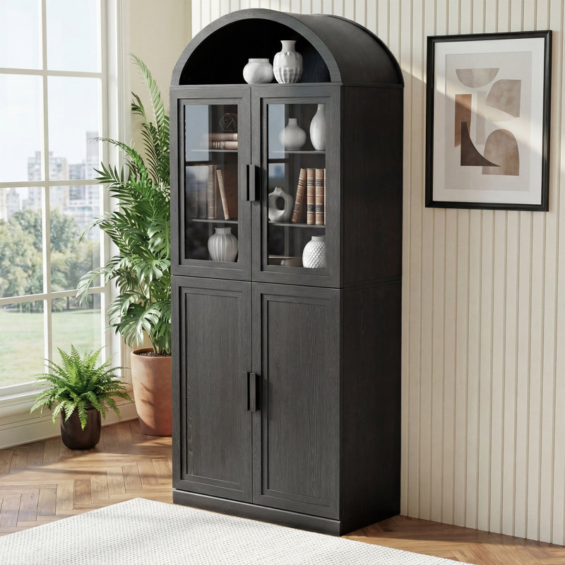 Armoire de rangement 76 po en bois avec portes en verre, Noir