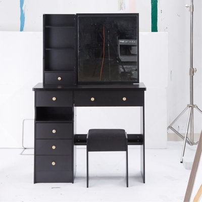 37" Middle Size Left Drawer Desktop Vanity Table With Cushioned Stool,Multi-Layer High Capacity Storage,Practical Fashionable Dresser