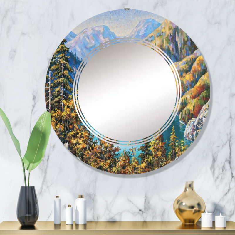 Pittoresque lac Ritsa en fin d'automne - Miroir mural rond Lake House, 32 po x 32 po