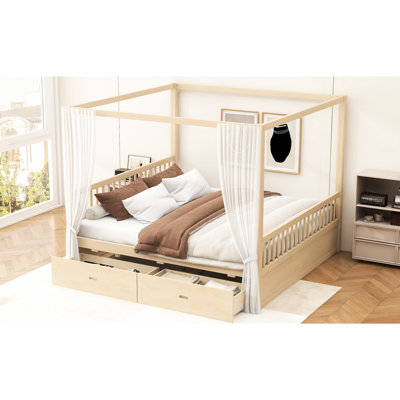 Très grand lit à baldaquin naturel en bois avec rangement intégré, structure, conception épurée, tiroirs de rangement en bois à installation rapide, style intemporel et élégant, fabrication, pratique