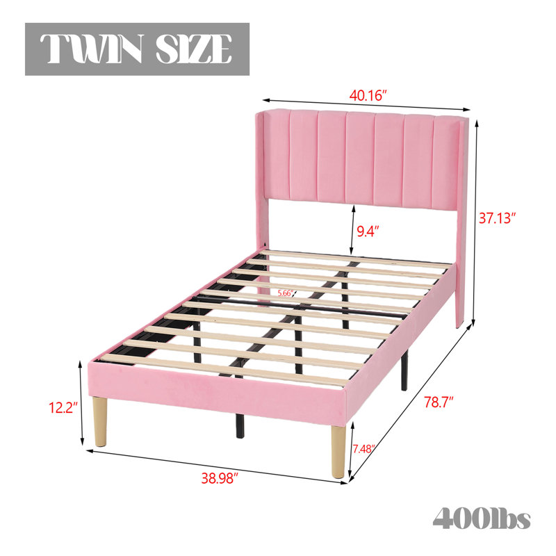 Lit plateforme tapissier avec tête de lit, Simple, Rose