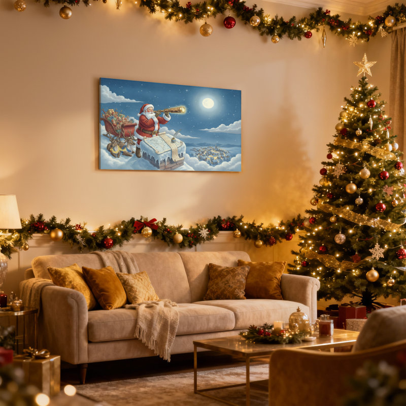 Ensemble de 3 impressions sur toile de Noël, père Noël sur le toit avec télescope, H 24 po x l 36 po