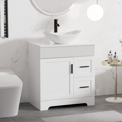 Ensemble de meuble-lavabo simple autoportant de 30 po Akron avec plateau en bois manufacturé, lavabo vasque, robinet et drain, peint à la main résistant à l'eau