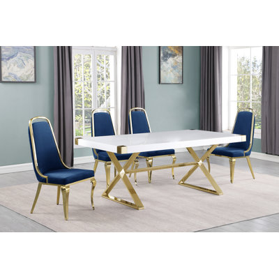 White Wood Dining Set with Velvet Side Chairs (5 or 7 piece)