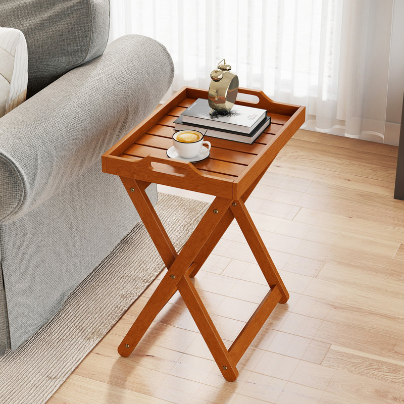 Outdoor Wood Tray Table w/Removable Serving Tray & Folding Frame for Porch, 1