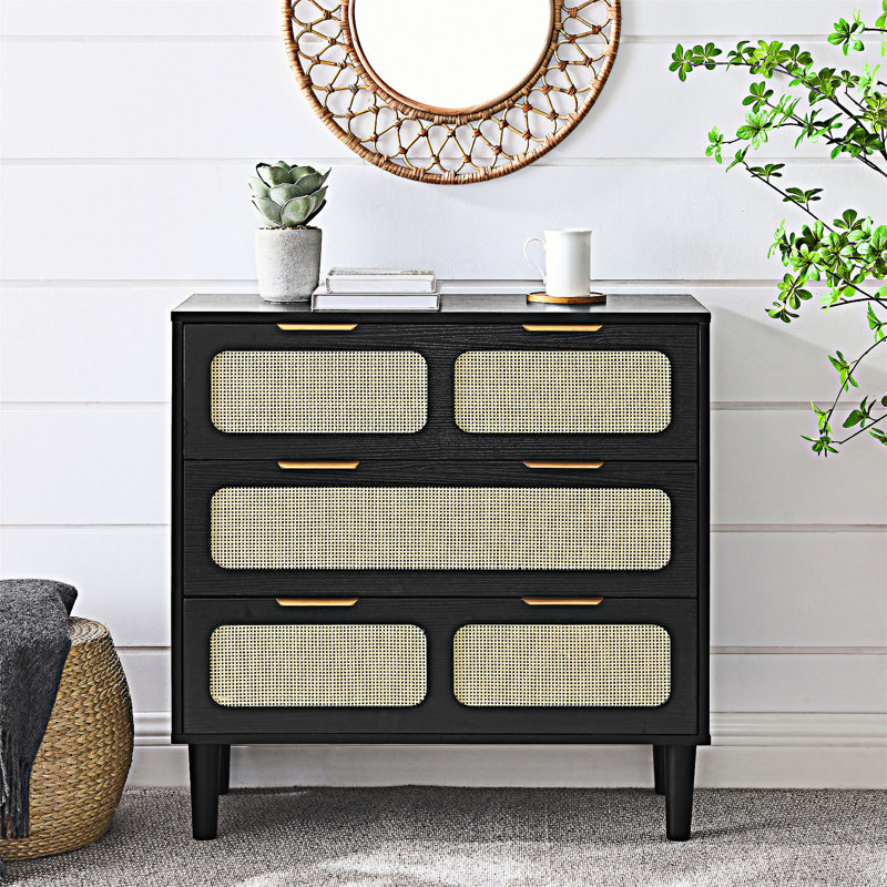 Commode moderne en rotin à 3 tiroirs, Noir, noir, noir, noir