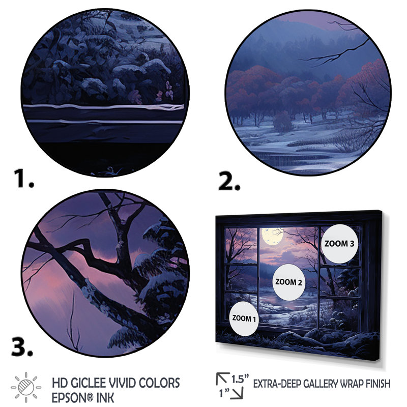 «Purple River Winter Windows III - Winter Landscape», art mural, Cadre de coin blanc fermé, H 34 po x l 44 po x P 1,5 po