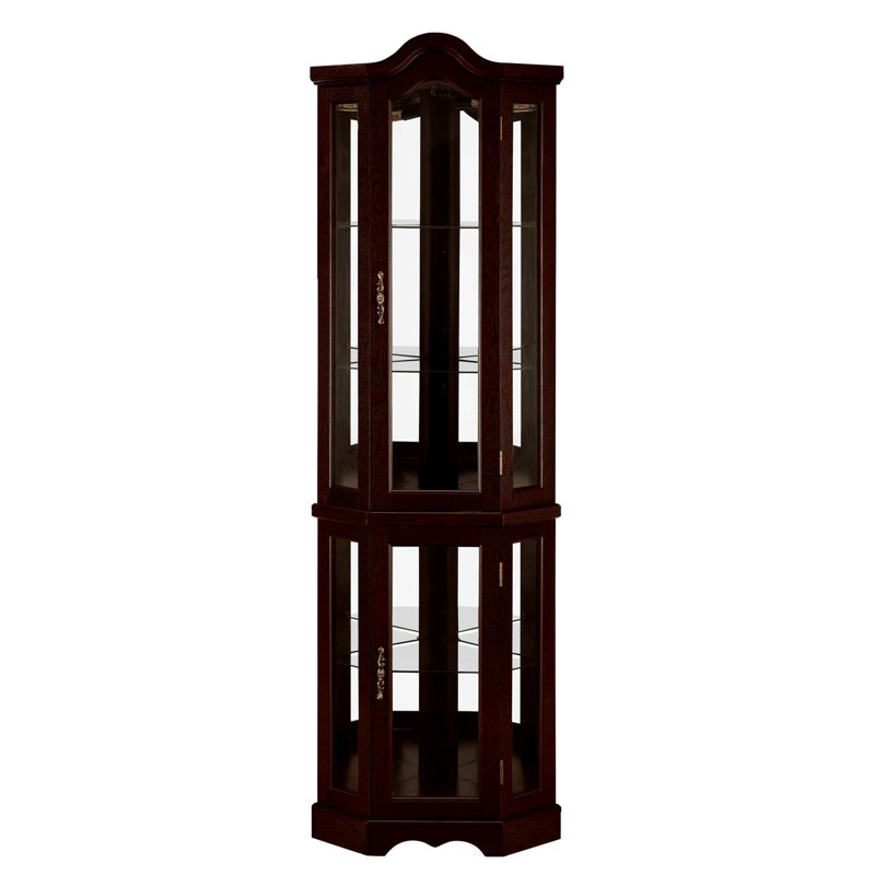 Lighted Corner Curio Cabinet With Tempered Glass Doors & Shelves - Elegant Oak Display Storage For Living Room & Bedroom Decor-DARK CHERRY