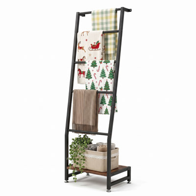 63" Industrial Ladder Shelf with Storage Shelf, Freestanding Metal Blanket Ladder & Display Rack with Rustic Wood Base, Towel Rack, Plant Stand and Storage Organizer for Living Room, Bedroom & Bathroom